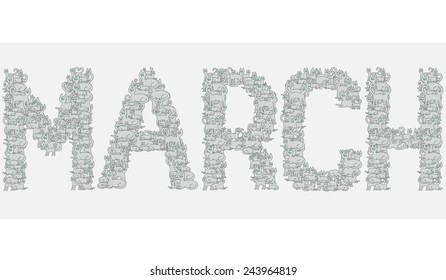 vector illustration on word March of grey cats.