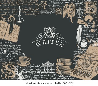 Vector illustration on a writers theme with sketches and place for text in retro style. Artistic banner with hand-drawn typewriter, books, feather and handwritten notes with blots. Writer workspace.