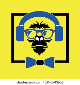 vector illustration on a yellow background portrait of a monkey with glasses and headphones