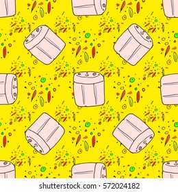 Vector illustration on yellow background. Seamless pattern with spice and seasoning. Mexican style