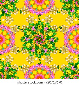Vector illustration. On yellow, orange and green colors. Seamless pattern in vintage style with bouquets of flowers.