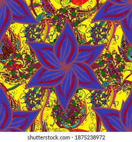Vector illustration. On yellow, red and violet colors. Seamless decorative background, flower mandala. Flower.
