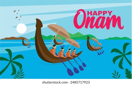 vector illustration of onam. Kerala Onam Greeting Card. Happy Onam Festival concept with rowing a snake boat during the 'Onam' festival. Onams is a festival in Kerala, India.