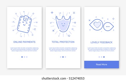 Ilustración vectorial de las pantallas de aplicaciones incorporadas e iconos de línea plana para aplicaciones móviles de comercio electrónico . Interfaz moderna UX, interfaz de usuario, plantilla de pantalla GUI para teléfono móvil inteligente o sitio web receptivo.