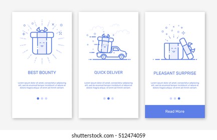 Vector Illustration of onboarding app screens and flat line web icons for e-commerce mobile apps . Modern interface UX, UI GUI screen template for mobile smart phone. Concept delivery service.