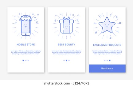 Vector Illustration of onboarding app screens and flat line web icons for e-commerce mobile apps . Modern interface UX, UI GUI screen template for mobile smart phone or responsive web site.