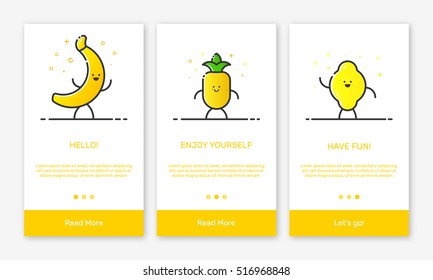 Vector Illustration of onboarding app screens and outline web fruit icons for mobile apps . Modern yellow interface UX, UI GUI screen template for mobile smart phone or responsive web site.