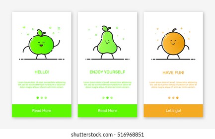 Vector Illustration of onboarding app screens and outline web fruit icons for mobile apps . Modern green and orange interface UX, UI GUI screen template for mobile smart phone or responsive web site.