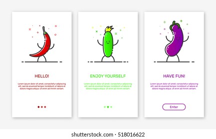 Vector Illustration of onboarding app screens and outline web vegetables icons for mobile apps . Modern red interface UX, UI GUI screen template for mobile smart phone or responsive web site.