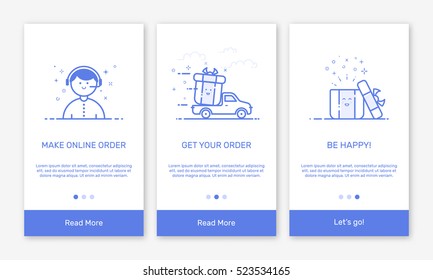 Vector Illustration of onboarding app screens and flat line web icons for e-commerce mobile apps . Modern interface UX, UI GUI screen template for mobile smart phone. Concept delivery service.