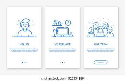 Vector Illustration of onboarding app screens and web concept design team for mobile apps in flat line style. Modern blue interface UX, UI GUI screen template for smart phone or web site banners.