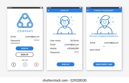 Vector Illustration of onboarding app screens for mobile apps and responsive website including Login, Sign Up, Forgot password. Modern blue interface UX UI GUI screen template for smart phone.