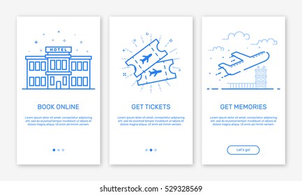 Vector Illustration of onboarding app screens and web concept book hotel online for mobile apps in flat line style. Modern blue interface UX UI GUI screen template for smart phone or web site banners.