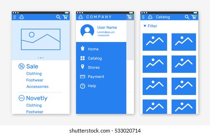 Vector Illustration of onboarding app screens for mobile apps and responsive website including home, menu, catalog. Modern blue interface UX UI GUI screen template for smart phone.