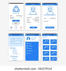 Vector Illustration of onboarding app screens for mobile apps and responsive website including Login, Sign Up, Forgot password, home, menu, catalog. Interface UX UI GUI screen template for smart phone