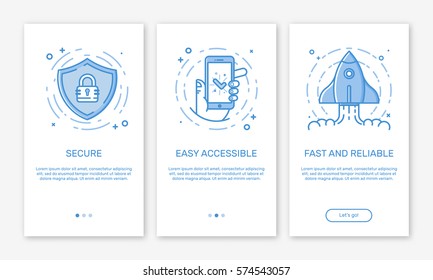 Vector Illustration of onboarding app screens and web concept banking application for mobile apps in line style. Modern blue interface UX, UI GUI screen template for smart phone or web site banners. svg