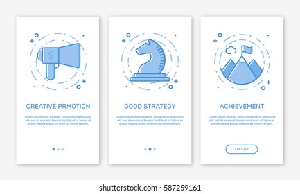 Vector Illustration of onboarding app screens concept business promotion and advertisement for mobile apps in line style. Blue interface UX, UI GUI screen template for smart phone or web site banners.