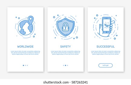 Vector Illustration of onboarding app screens and web concept online payments application for mobile apps in line style. Blue interface UX, UI GUI screen template for smart phone or web site banners. svg