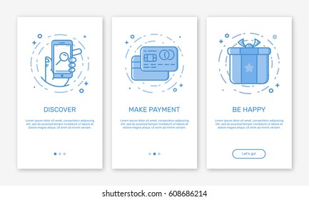 Vector Illustration of onboarding app screens and web concept online mobile payments application for apps in line style. Blue interface UX, UI GUI screen template for smart phone or web site banners.