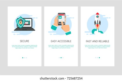 Vector Illustration of onboarding app screens and web concept banking application for mobile apps in flat style. Modern blue interface UX, UI GUI screen template for smart phone or web site banners.