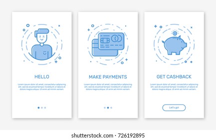 Vector Illustration of onboarding app screens and web concept with welcome, credit cards, money box screen in line style