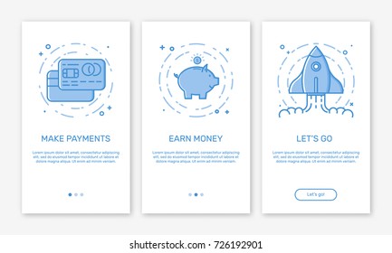 Vector Illustration of onboarding app screens and web concept with credit cards, money box or pig, rocket in line style.