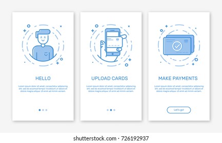 Vector Illustration of onboarding app screens and web concept with welcome, mobile, credit cards in line style.