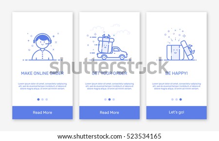 Vector Illustration of onboarding app screens and flat line web icons for e-commerce mobile apps . Modern interface UX, UI GUI screen template for mobile smart phone. Concept delivery service.
