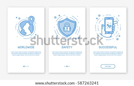 Vector Illustration of onboarding app screens and web concept online payments application for mobile apps in line style. Blue interface UX, UI GUI screen template for smart phone or web site banners.