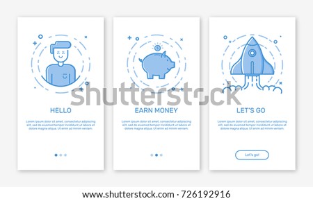 Vector Illustration of onboarding app screens and web concept with welcome, money box and rocket screen in line style.