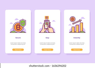 Vector Illustration of Onboarding Bitcoin Application Interface in line style. UI UX Screen template.