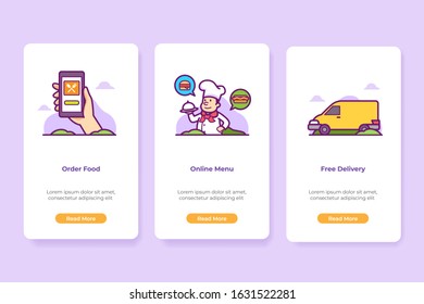 Vector Illustration of Onboarding Food Application Interface in line style. UI UX Screen template.