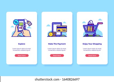 Vector Illustration of On-boarding Online Shopping Application Interface in line style. UI UX Screen template.
