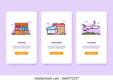 Vector Illustration of On-boarding Travelling Application Interface in line style. UI UX Screen template.

