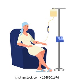 Vector illustration of oncology patient having a chemotherapy. Woman with breast cancer with a dropper getting a chemo. Idea of healthcare, oncology illness and medicine treatment