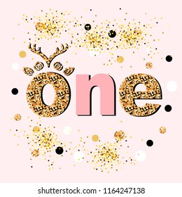 Vector illustration One with antlers, Flower Wreath. Template for Baby Birthday, invitation, greeting card, t-shirt design. Cute One as First year anniversary logo, patch, sticker