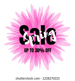 Vector illustration with one big pink flower like aster with text Spring Sale up to 30% off. Isolated on the white background.