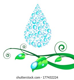 Vector illustration with one big water drop, consisting of small splashes and branches with leafs and dew drops.  Design element for eco concept. Protection of the nature. Square.