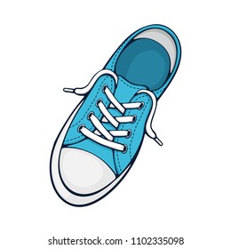 Vector illustration. One blue textile sneaker with rubber toe and loose lacing. Hand drawn print with contour. Shoes of modern teenagers skaters. Isolated on white background