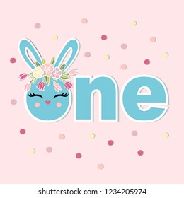 Vector illustration One with Bunny head, flower wreath. Template for Baby Birthday, party invitation, greeting card, t-shirt design. Cute One as First year anniversary logo, patch, sticker.