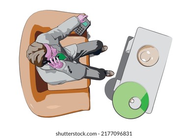 eine Vektorgrafik, eine Zeichentrickfigur auf Sofa: der menschliche Charakter, der telefoniert, auf weißem Hintergrund ( Draufsicht )