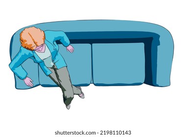 a vector illustration, one cartoon character seated on blue sofa , on white background ( top view )