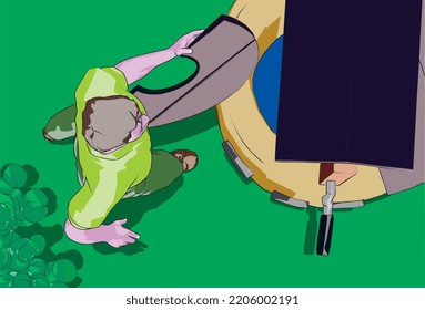 a vector illustration, one cartoon character near a water well on forest, on green background ( top view )