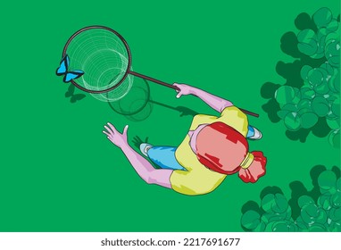 a vector illustration, one cartoon character catching a butterfly at the forest, on green background ( top view )