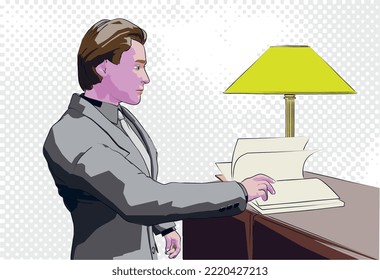 a vector illustration, one cartoon character reading a book on white background ( front view )