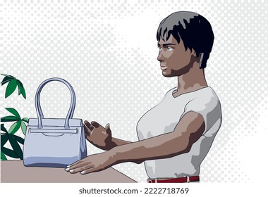 a vector illustration, one cartoon character with handbag , on grey background ( front view )