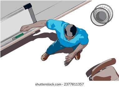 a vector illustration, one cartoon character or a teacher on classroom, on white background ( top view )