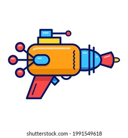 Ilustración vectorial con una viñeta retro blaster. Armamento láser amarillo sobre fondo blanco. 