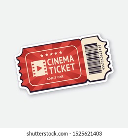 Vector illustration. One cinema ticket with barcode. Paper retro coupon for movie entry. Symbol of the film industry. Sticker with contour. Isolated on white background