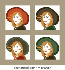 Vector illustration in one color range consisting of 4 variants of a lady with a hat on, wearing a pendant and earrings as a set of jewelry